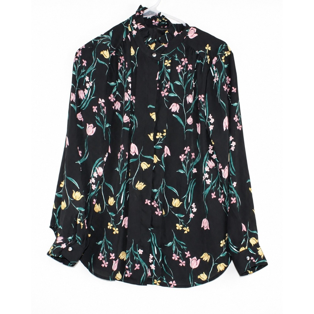 Ann Taylor Factory Black Floral Ruffle Neck Blouse Medium Tulip Print LS